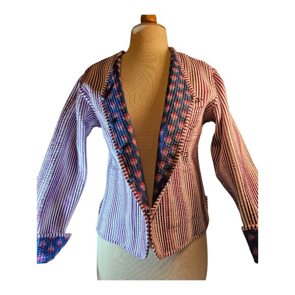 Quilted jacket, Blue/pink Lotus, screen print, 100 % cotton, reversible stripe - Picture 7 of 13